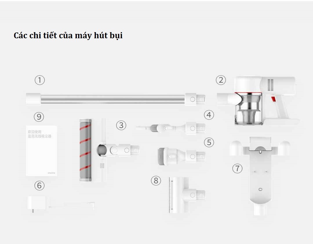 Trọn bộ sản phẩm máy hút bụi cầm tay không dây Xiaomi Dreame V9