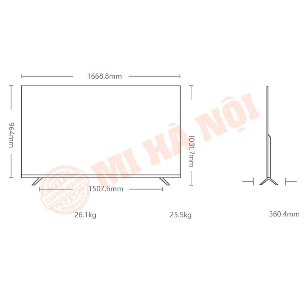 Kích thước chi tiết của màn hình Tivi Xiaomi Redmi AI Smart X75 75 inch