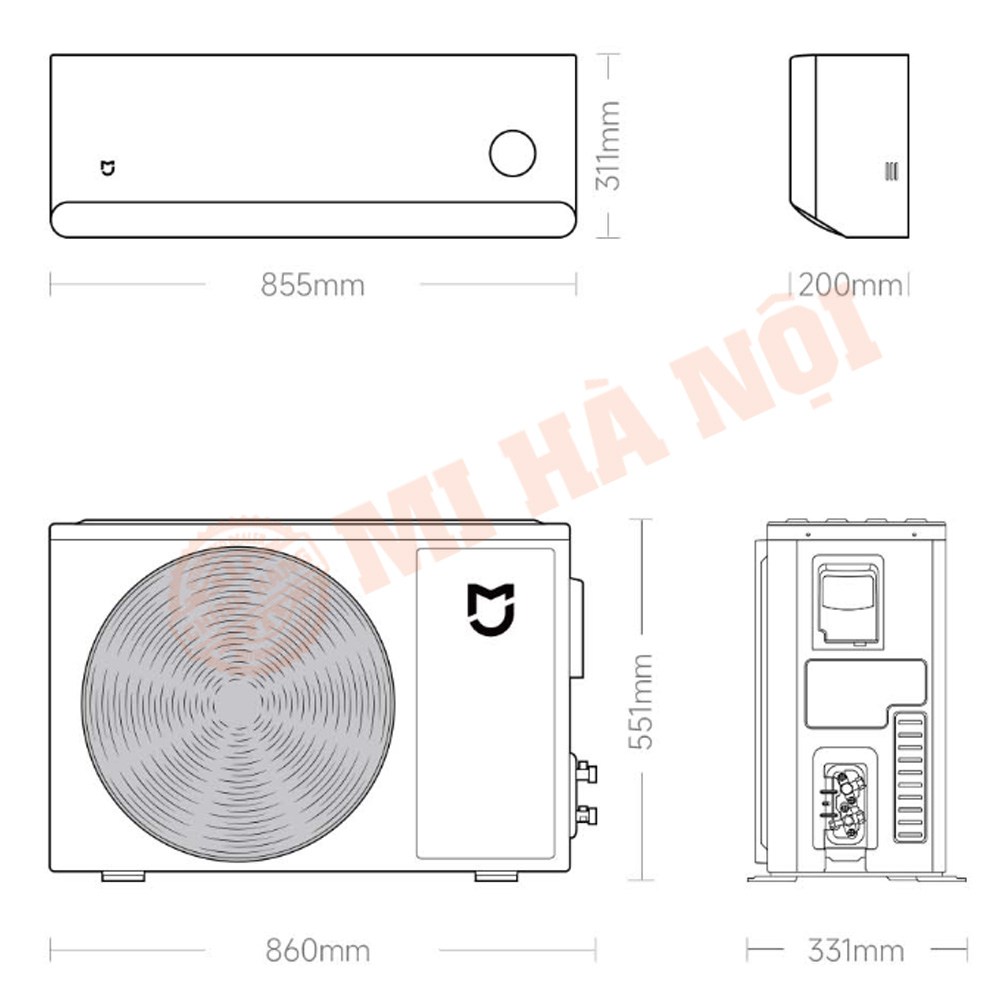 Kích thước & lắp đặt điều hòa Xiaomi M1A1 1.5HP (12000 BTU)