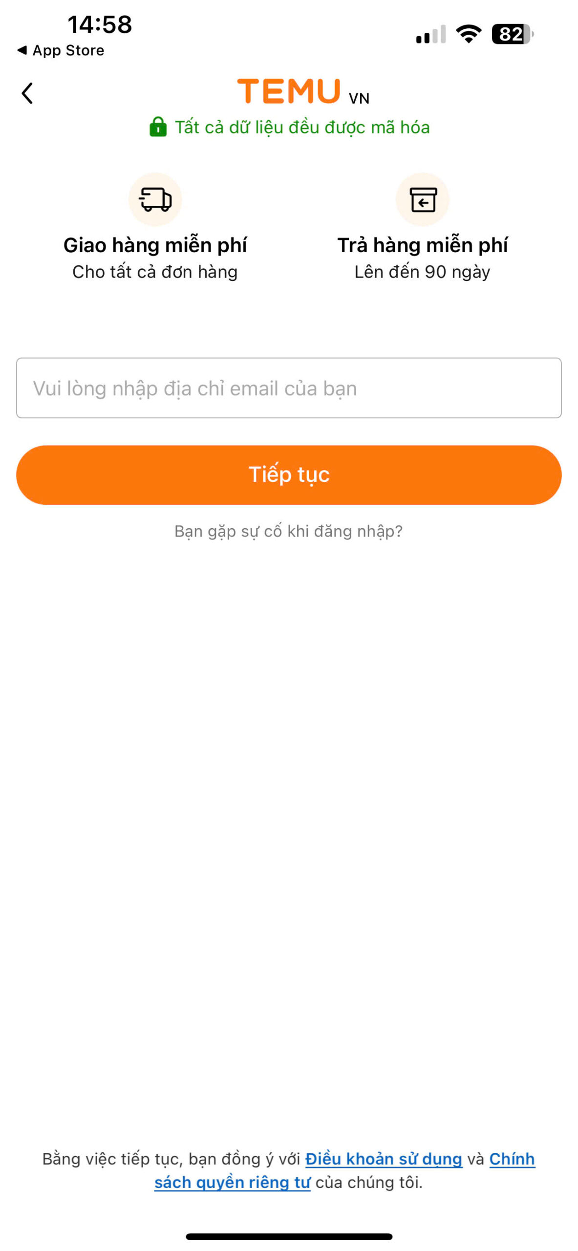 Điền thông tin email và tiếp tục